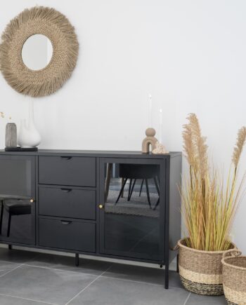 Calaf Skænk   Sort Metal Med Glaslåger