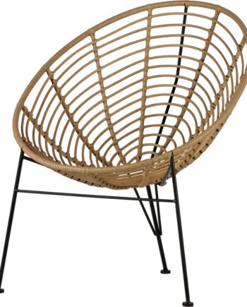 Loungestol Lænestol Woood Jane Natur   Holdbar Pe-materiale Med Sort Metalstel  Indbydende Design Til Stue Og Terrasse