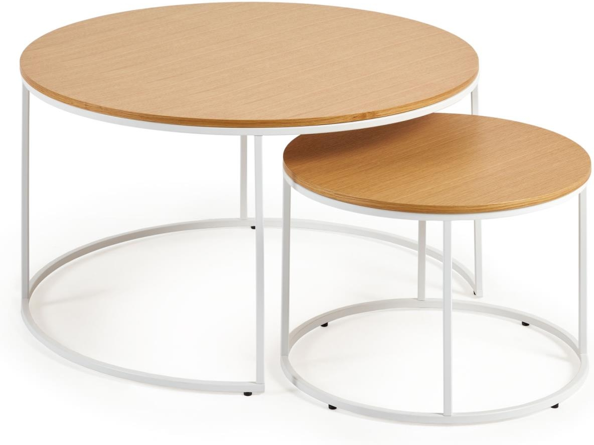 Sidebordssæt Kave Home Yoana Foldbart Stk Egetræsfinér Hvidt Pulverlakeret Metal ø80x45 Cm