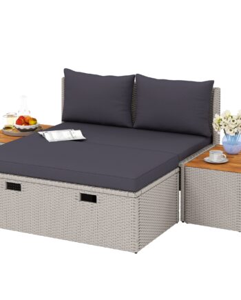 Polyrattan Liggestol Til   Personer Dobbelt Liggestol Med Fodskammel Opbevaringshynder 125x114x72   Cm Grå