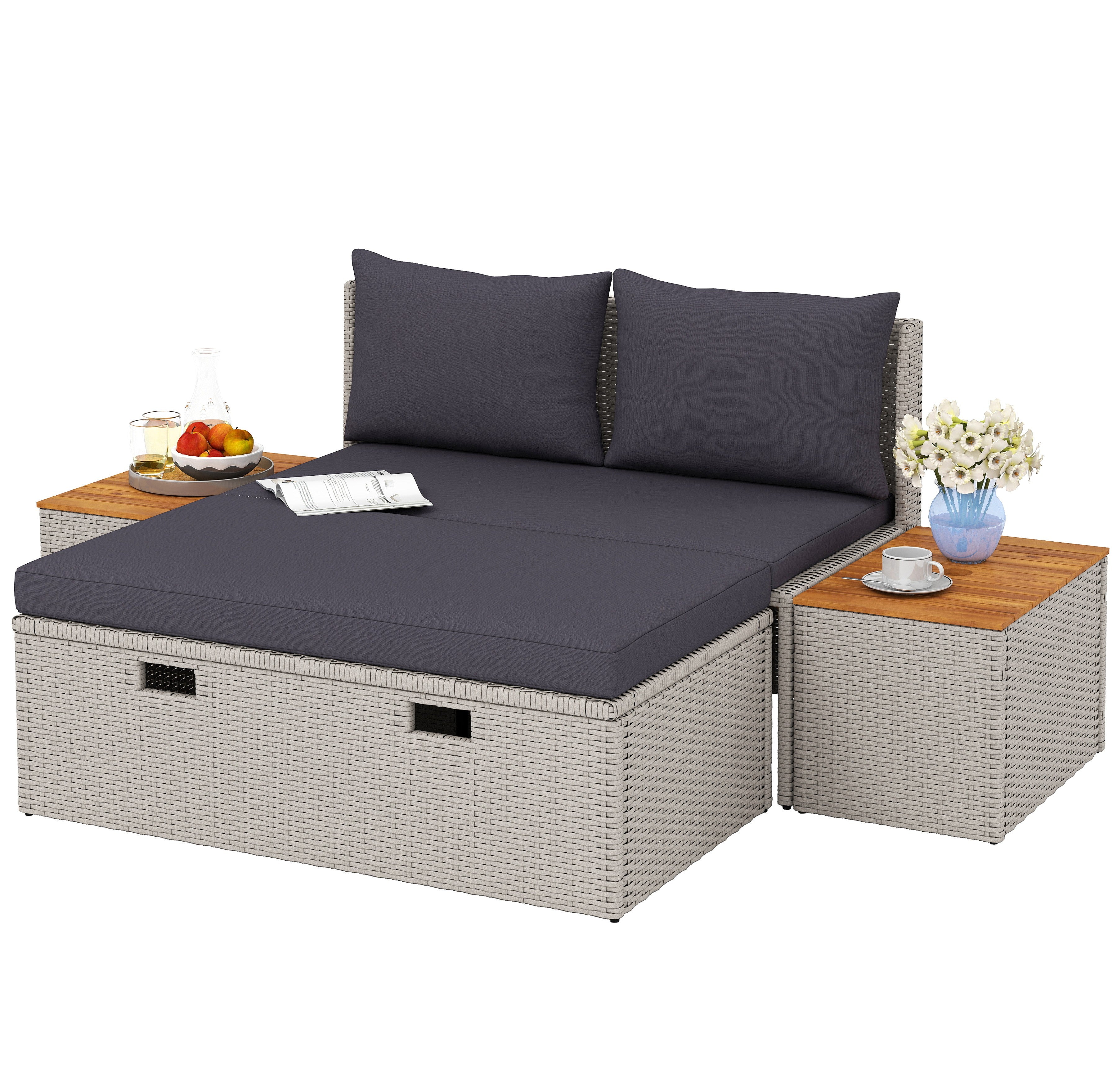 Polyrattan Liggestol Til   Personer Dobbelt Liggestol Med Fodskammel Opbevaringshynder 125x114x72   Cm Grå