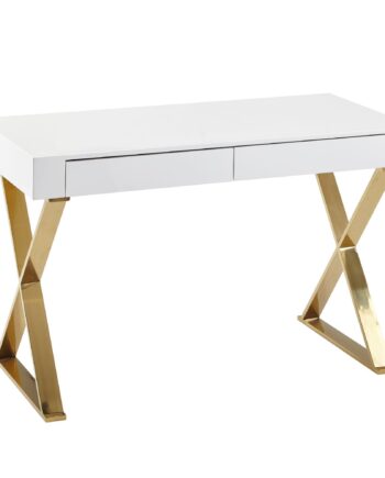 Skrivebord 118x76x57 Cm  Træ  Højglans Hvid  Metalben  Guld  Designer Computerbord  Pc-bord  Kontorbord  Moderne  Konsolbord Med Skuffer