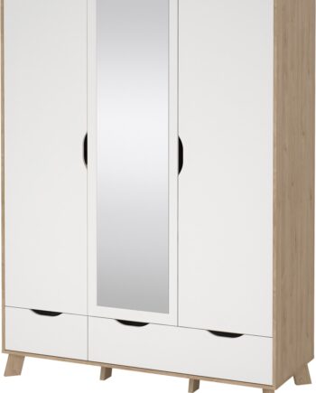 Garderobeskab Vesterholm Ikast Jackson Hickory Hvid  -dørs Med Midterspejl  Tøjstang  Hylder Og   Skuffer H201xb147xd58 Cm