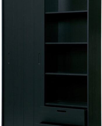 Garderobeskab Woood Collection  Sort Sleben Fyrretræ Skydedør    Rum     Skuffer  H200xb120xd42 Cm  Fsc  Samlesæt