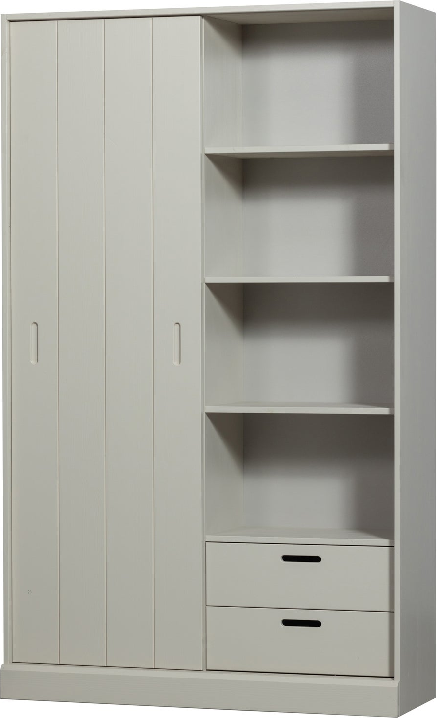 Garderobeskab Woood Collection Væghængt Slebet Fyrretræ Dust Grå Skydelåge Rum Og Skuffer H200 B120 D42 Cm