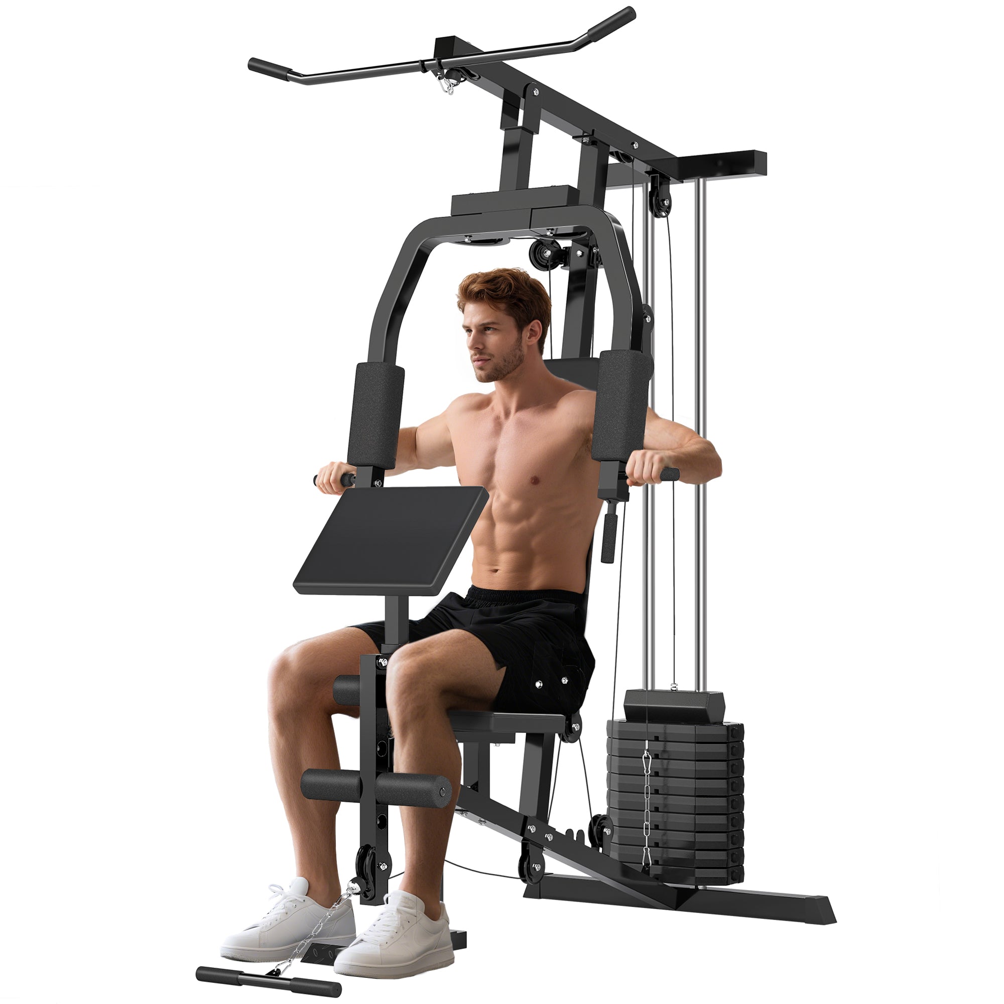 Hjemmegym Med Lat Pulldown Kabeltræk Kort Bicepsstang Brystpres Bentræner Butterflymaskine 45 Kg Vægte Multifunktions Fitnessstation Sort