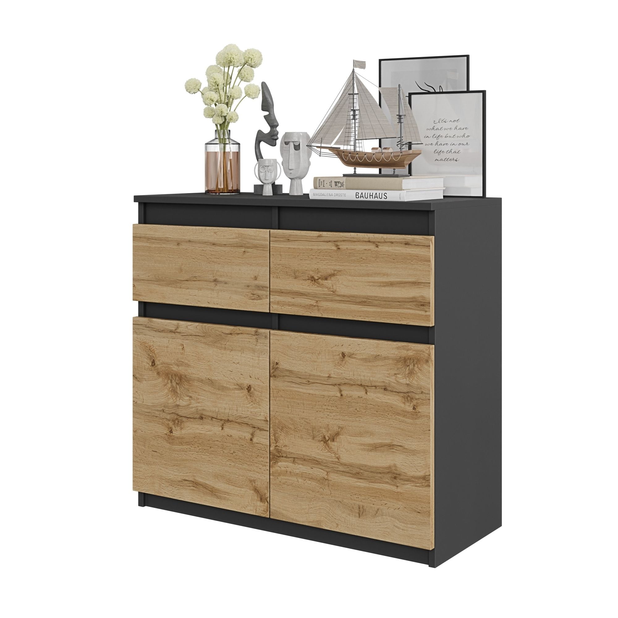 Noah Kommode Med Skuffer Antracit-grå Naturfarvet H75cm B80cm D35cm