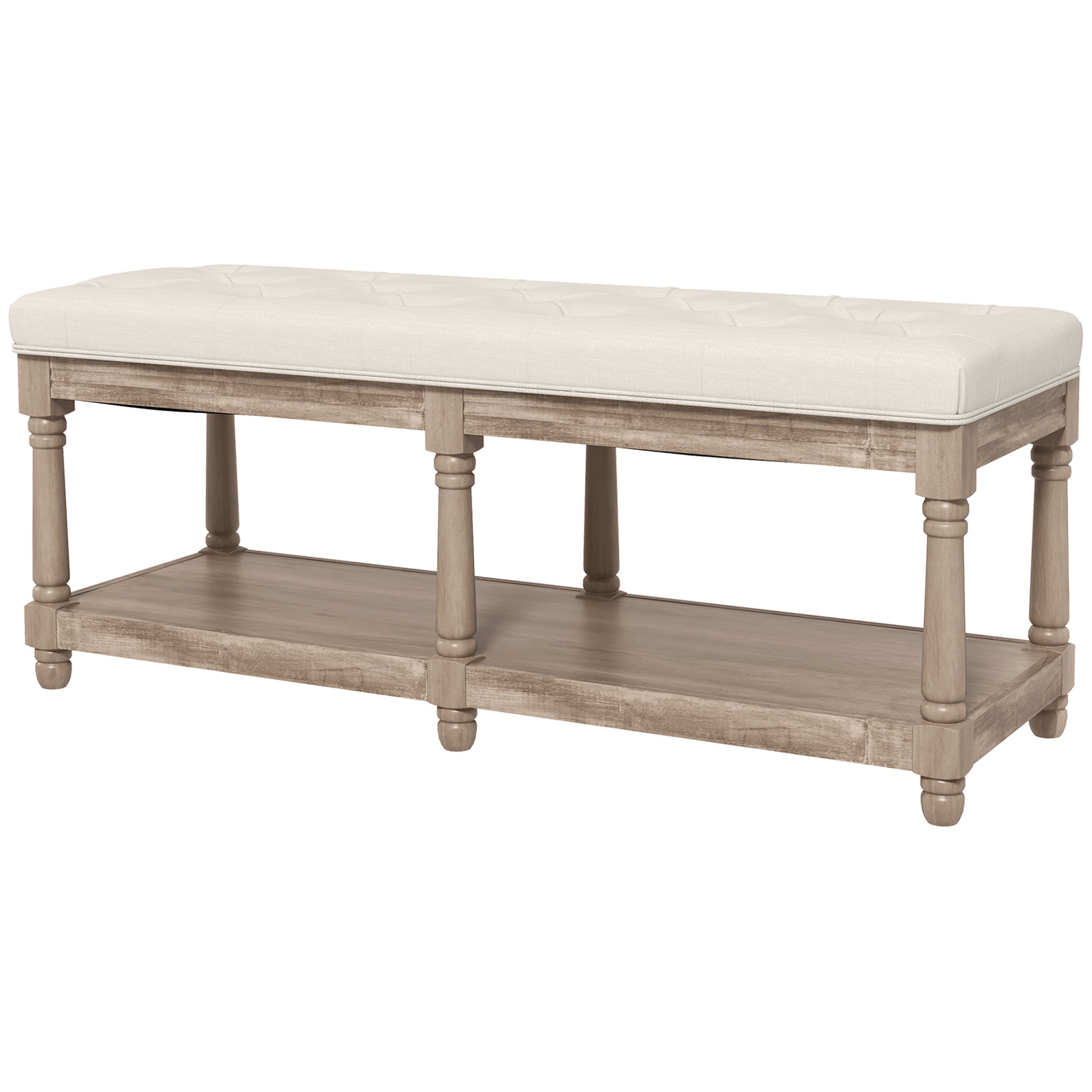 Bænk Med Opbevaring Vintage Design Knapsøm Gummitræ 115x40x48cm Cremehvid