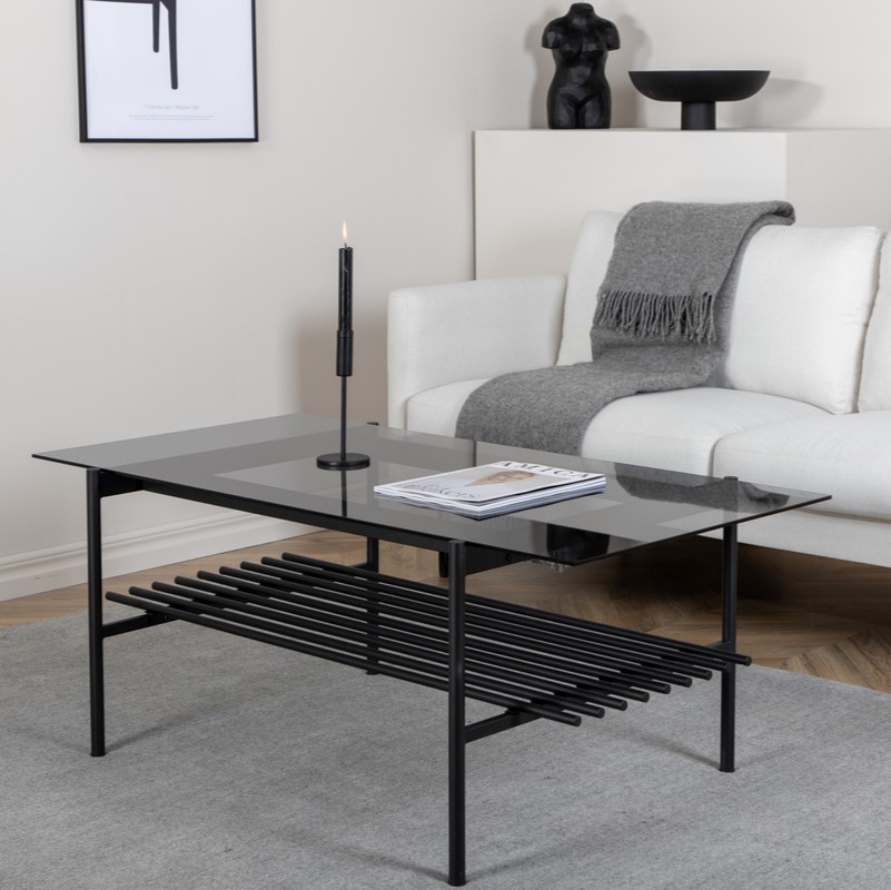 Bodia Sofabord   Røgfarvet Glas Og Sort Metal  60   120 Cm