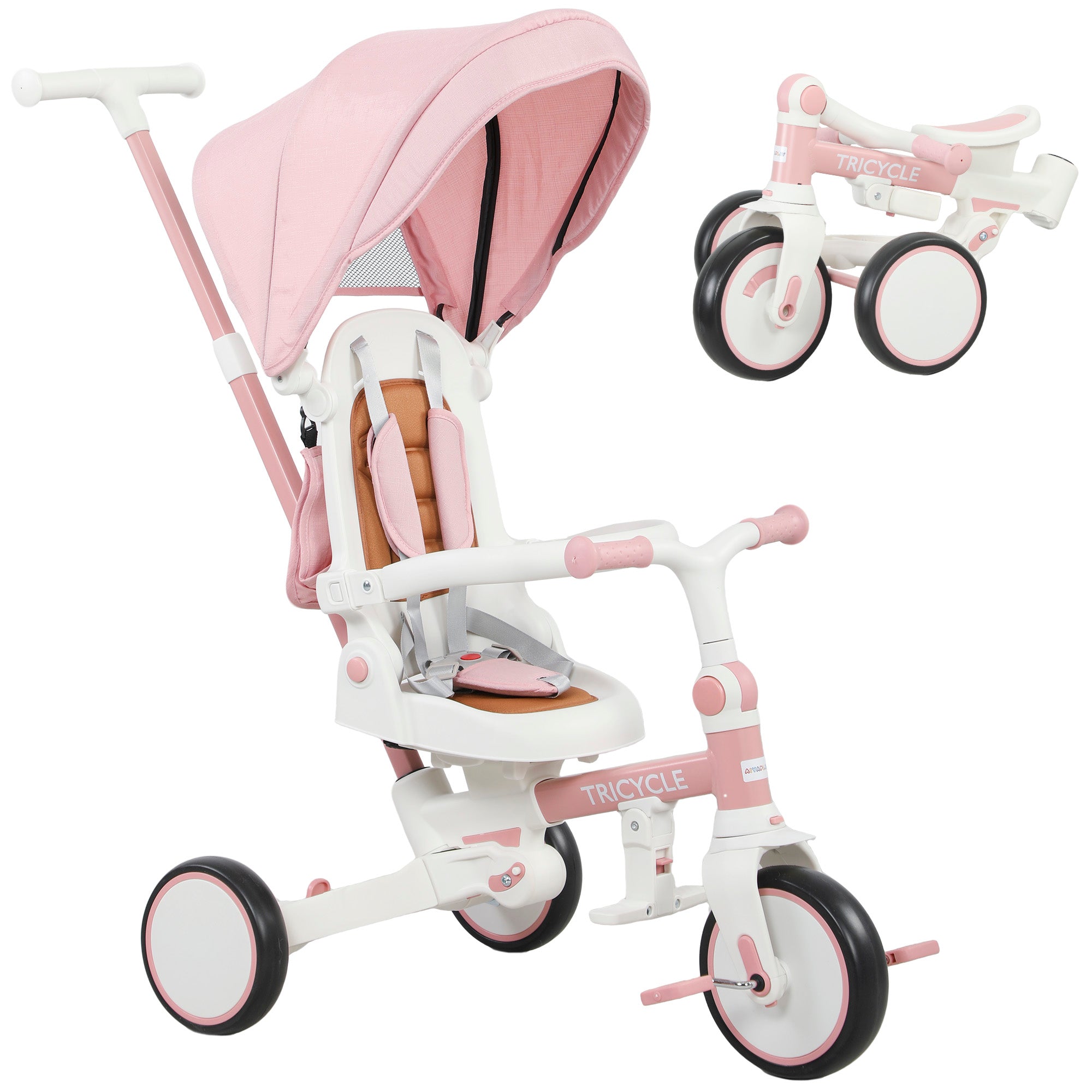 Børnetrecykel Konvertibel Babyvogn - - Design Aftageligt Skubbehåndtag Justerbar Sikkerhedssele Opbevaringstaske - år Pink