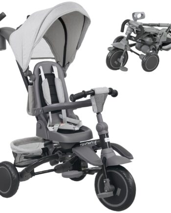 Børnetrecykel   - -  Klapvogn Til Småbørn  Med Skubbehåndtag  Justerbart Sæde  Foldbart Design  Sikkerhedsnet  Grå