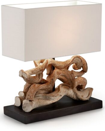 Bordlampe Kave Home Comet  Rustik Genbrugt Tropisk Træ  Sort Bund  Hvid Bomuldsskærm  H42ã B15ã L35 Cm