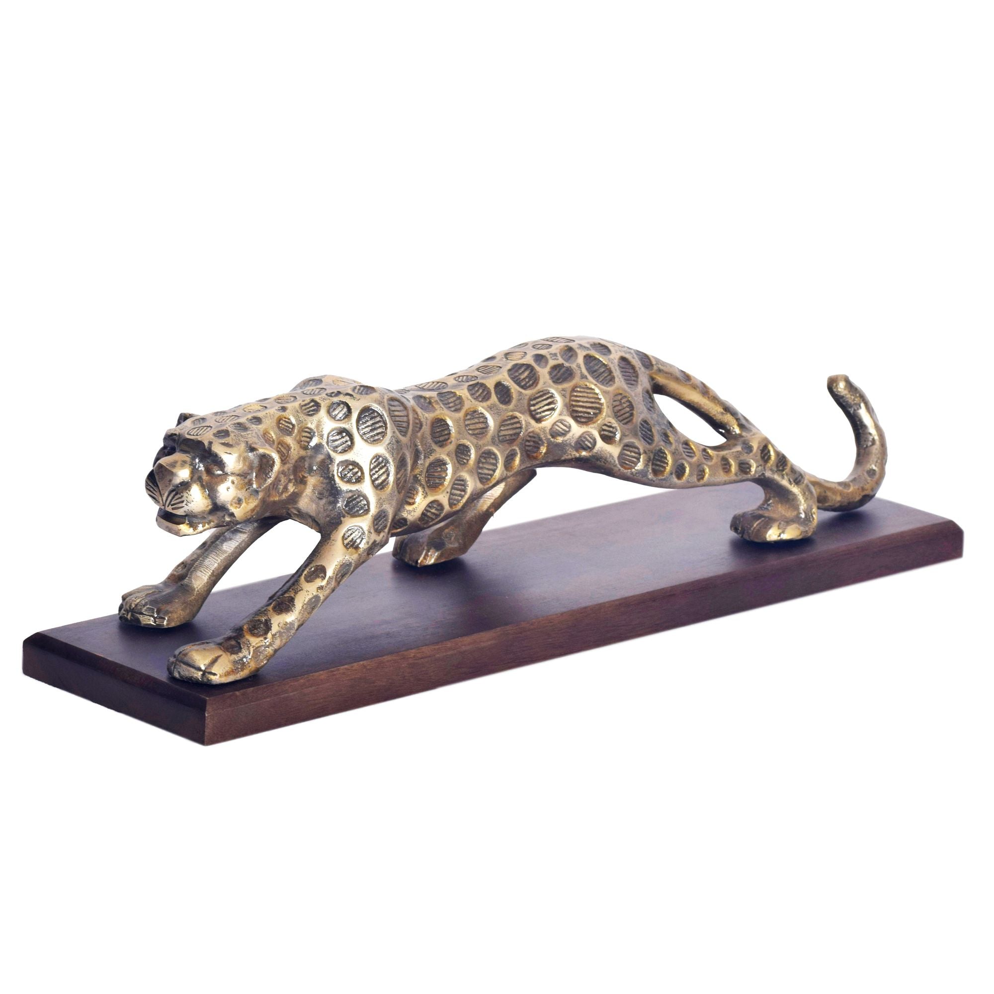 Dekorationsfigur Panter 63 Cm Guld Aluminium Med Sokkel Massivt Træ