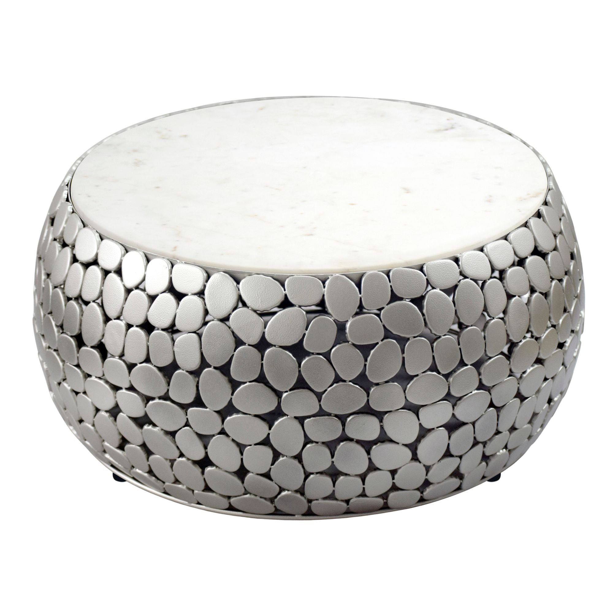 Design Sofabord Rundt 66 Cm Lavet Af Aluminium Sølv Og Hvid Marmor Bordplade Håndlavet