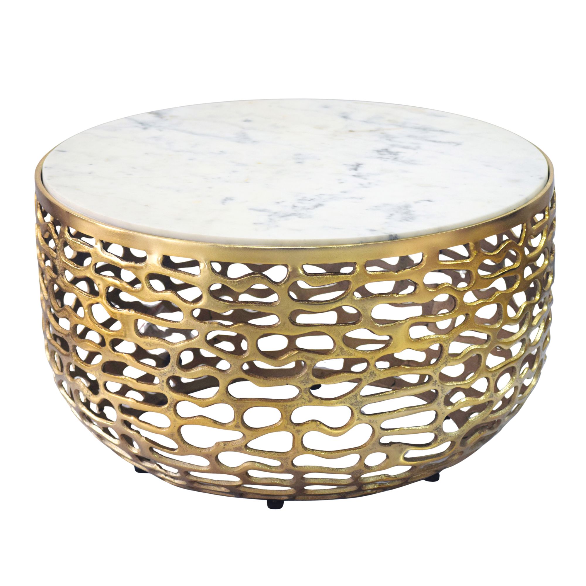 Designer Sofabord Metal Guldfarvet Med Hvid Marmorbordplade 60 Cm Rundt Håndlavet