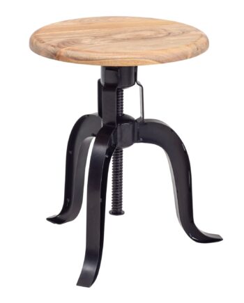 Drejestol 39x62 5x39 Cm  Massivt Akacietræ   Sort Metal  Drejelig  Designer Dekorativ Stol  Højdejusterbar  Rund Stående Stol   Industriel Stil  Lille Barstol  Metalstol Med Træplade  Moderne