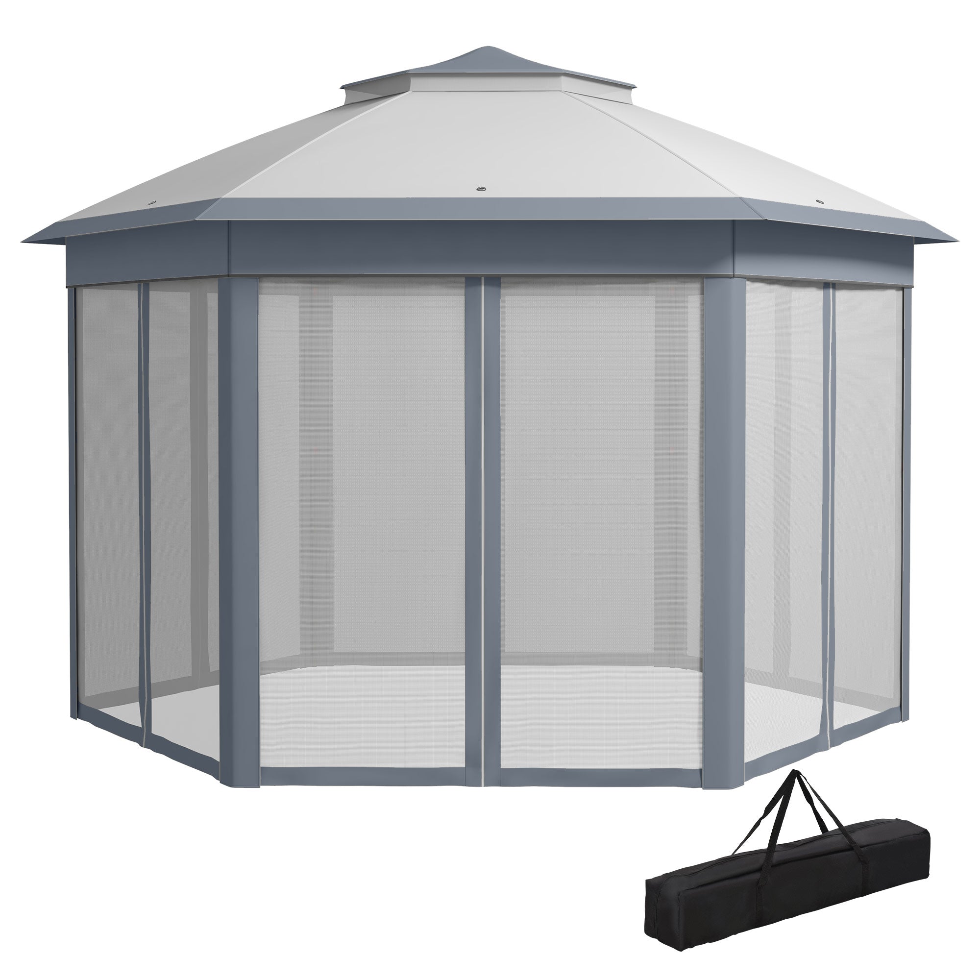Foldbart Pavillon 4m Sekskantet Design Netgardiner Vandafvisende Ventileret Tag Til Grill Grå Og Hvid