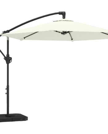Fritstående Parasol Ca  ø300 Cm  Solskærm Med Låsemekanisme  Håndsving  Stativ  Vægte  Cremehvid