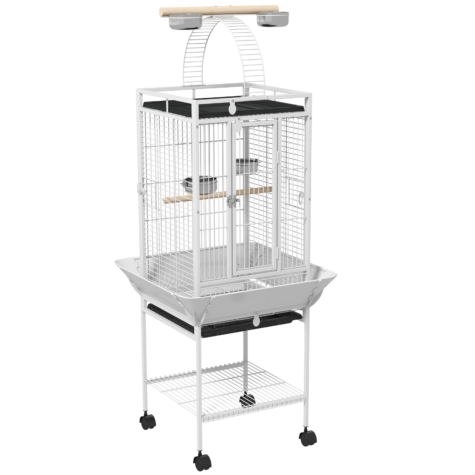 Fuglebur Papegøjebur Med Døre Siddepladser 360â Hjul Madskål Hylde Legeområde 62 5x62 5x156 Cm Hvid