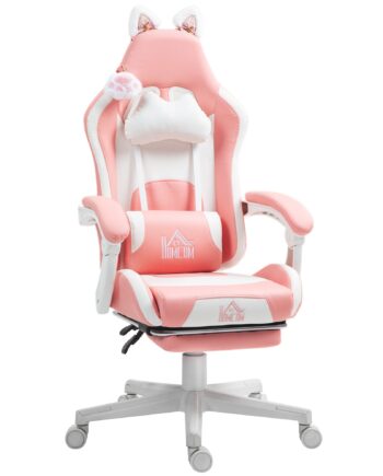 Gamingstol Med Katteører  Lænelæn  Udtrækkelig Fodstøtte  Op Til 120 Kg  Pink Hvid