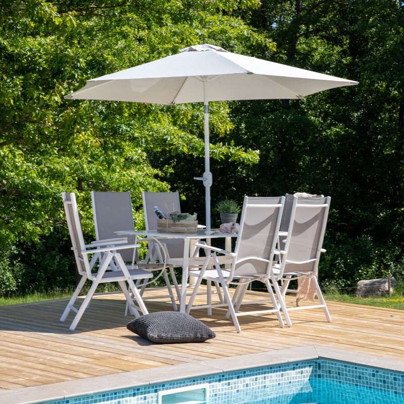 Garda Spisebordsset Med Bord  Seks Stole Og Parasol   Hvid Aluminium