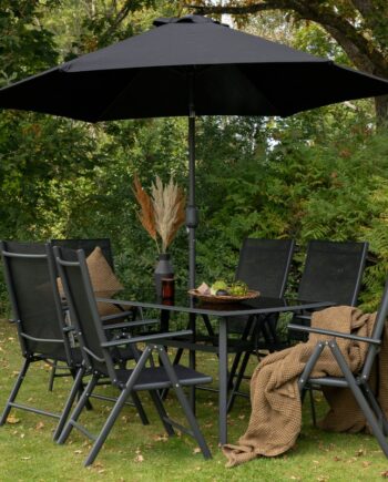 Garda Spisebordsset Med Bord  Seks Stole Og Parasol   Sort Aluminium