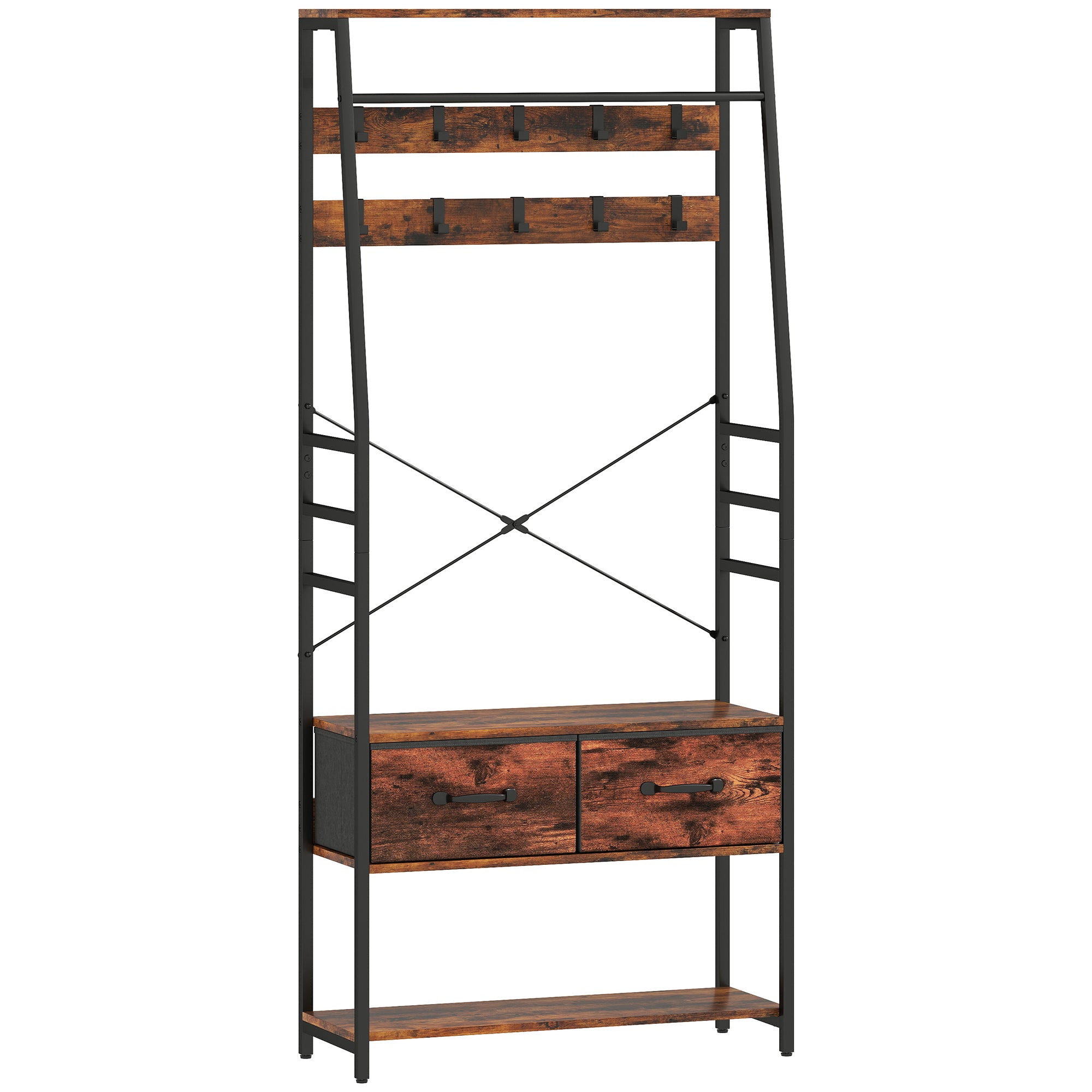 Garderobe Med Skohylde Stumtjener Med Bænk 10 Kroge Stofskuffer Bøjlestang Spånplade Metal Brun
