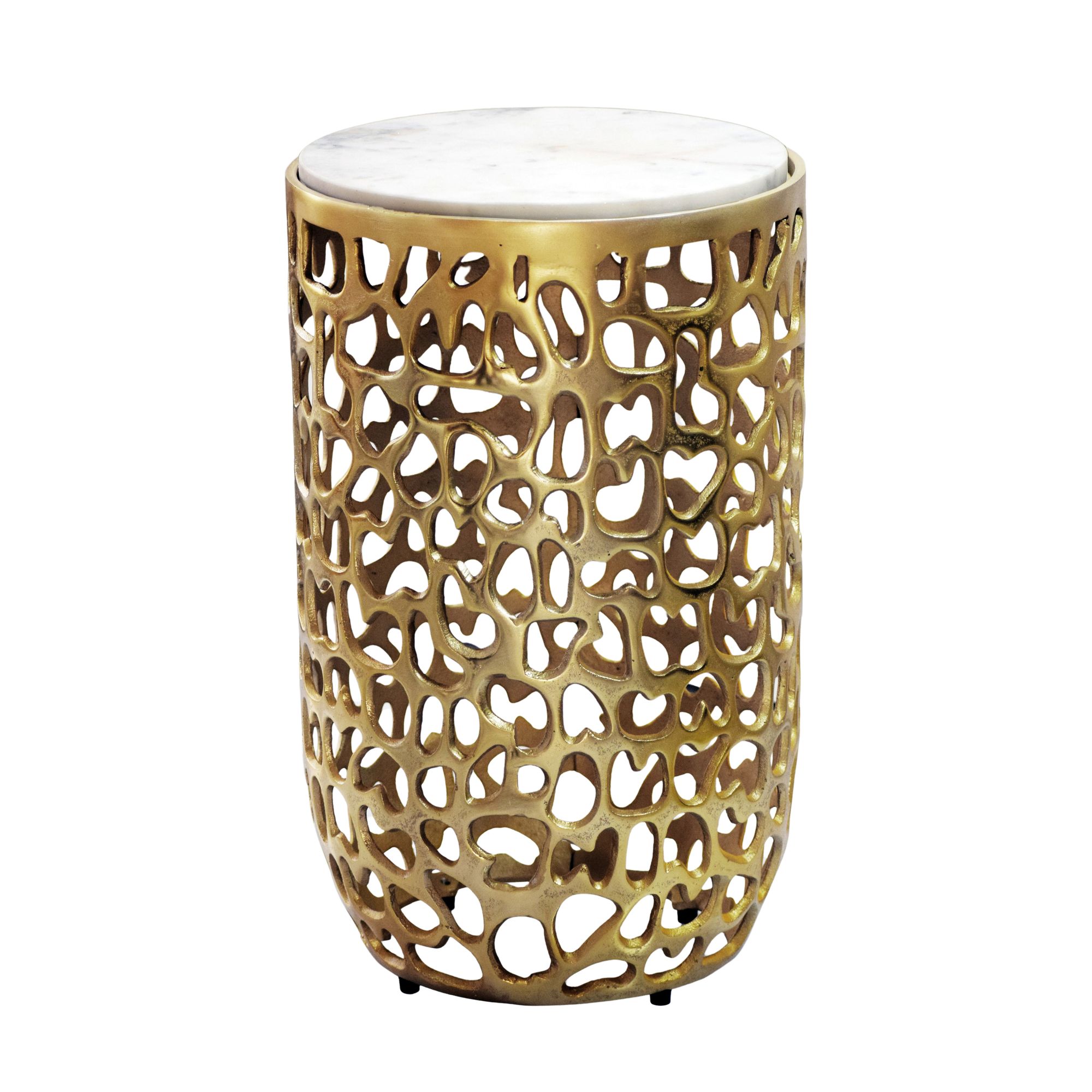 Håndlavet Sidebord Guldfarvet Rundt 30cm Med Marmorbordplade Designer Metal Sofabord Til Stuen
