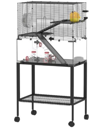 Hamsterbur  Indhegning Til Små Dyr Med   Niveauer  Løbehjul  Bur  Platforme  Ramper  Madskål  Vandflaske  Tilbehør  Stål  Plastik  Sort