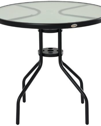 Havebord  Balkonbord  Havesidebord  Bistrobord  Havemøbler Med Parasolhul  Hærdet Glas   Metal  Sort  ø80   72 Cm
