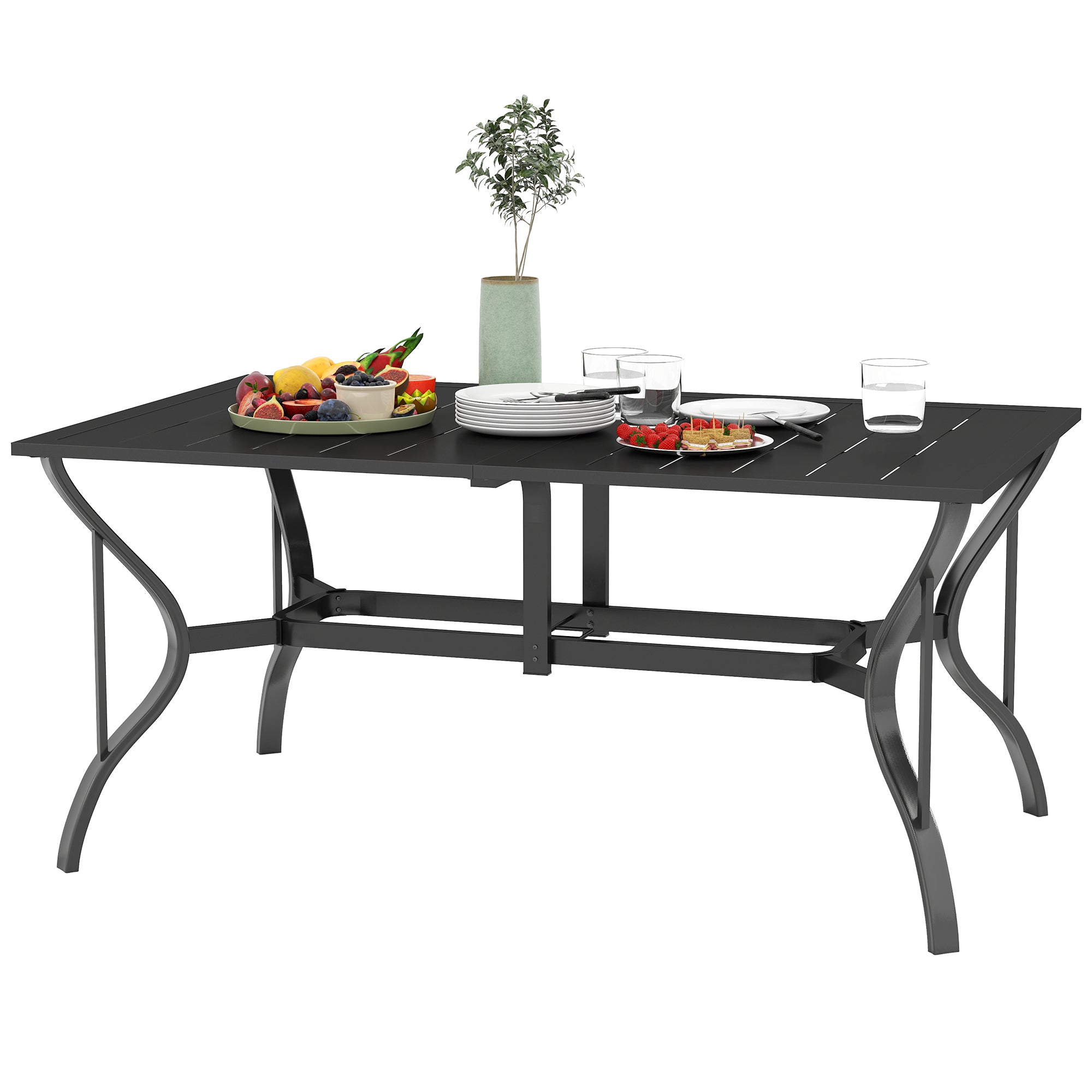 Havebord Stål 150x90 Cm Vejrbestandigt Balkonbord Med Parasolhul Lameldesign Til Personer Sort