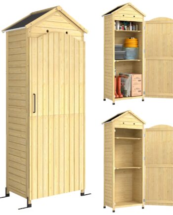 Haveskab   Træ Med Justerbar Hylde  Magnetisk Dør  Galvaniseret Tag  Ventilation  85x58x213 Cm  Naturtræ