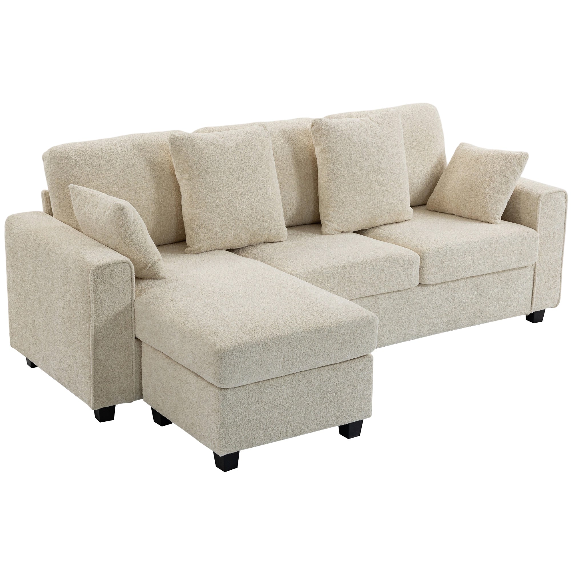 Hjørnesofa Med Vendbar Chaiselong -personers Sofa Med Fløjlslook Bredt Og Dybt Sæde Fjerhynder Beige