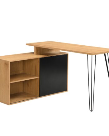 -formet Skrivebord   Egetræslook Med Reol Og Opbevaring 130 Cm