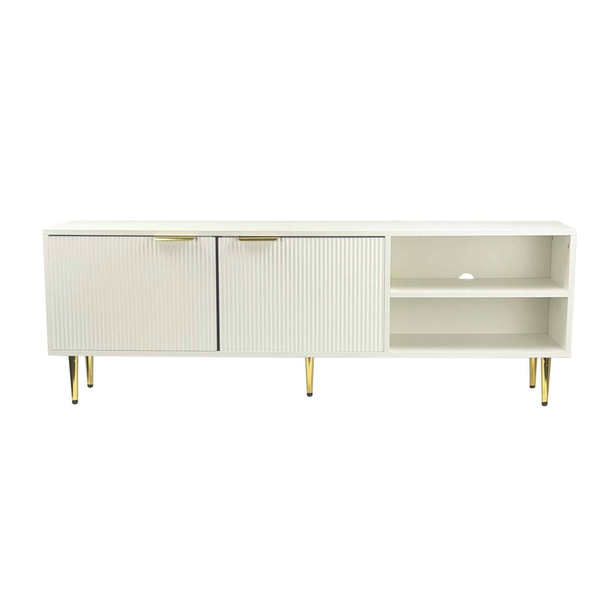Lavt Tv-møbel Hvidt 150 Cm Tv-møbel Med Lamelfront Tv-kommode Med Låger Og åbne Rum