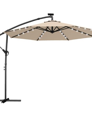 Led Solcelledrevet Parasol  Ca  ø300 Cm  Drejelig  Med Håndsving  Beskyttelsesovertræk  Beige