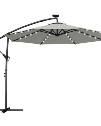 Led Solcelledrevet Parasol  Ca  ø300 Cm  Drejelig  Med Håndsving  Beskyttelsesovertræk  Lysegrå