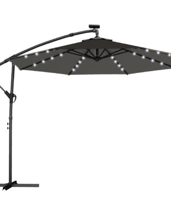 Led Solcelledrevet Parasol  Ca  ø300 Cm  Drejelig  Med Håndsving  Beskyttelsesovertræk  Mørkegrå
