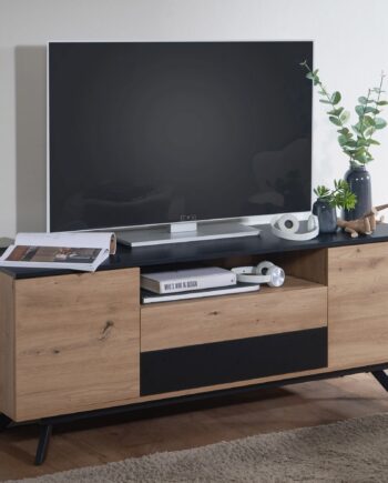 Mdf Tv-kommode Med To Låger  Naturfarvet Eg Og Sort  Japandi-look  150x60x40 Cm