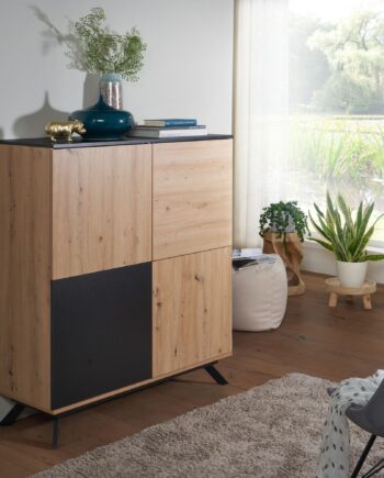 Mdf-skænk Kommode   Egetræsdekor Sort Med   Låger  Metalben  110x125x40 Cm