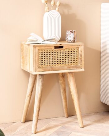 Minimalistisk Sengebord   Massivt Træ   Rattan 40x60x30 Cm  Naturfarvet