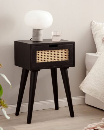 Minimalistisk Sengebord   Massivt Træ   Rattan 40x60x30 Cm  Sort Og Brun