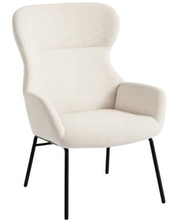 Moderne Polstret Stol   Wingback-stil  Høj Ryglæn  Tyk Polstring  Stålben  Cremehvid