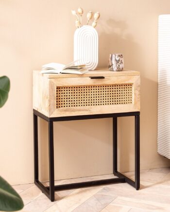 Moderne Sengebord   Massivt Træ   Rattan  50x60x30 Cm  Varm Lysebrun