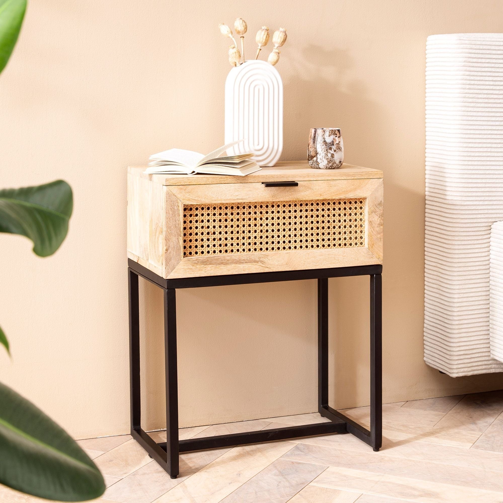 Moderne Sengebord Massivt Træ Rattan 50x60x30 Cm Varm Lysebrun