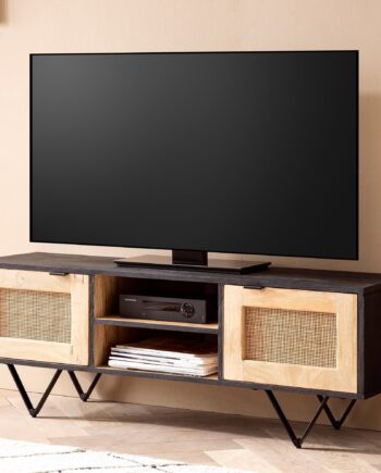 Moderne Tv-skab Med Masser Af Opbevaringsplads  Massivt Træ   Rattan  120x44x35 Cm  Brun Og Sort