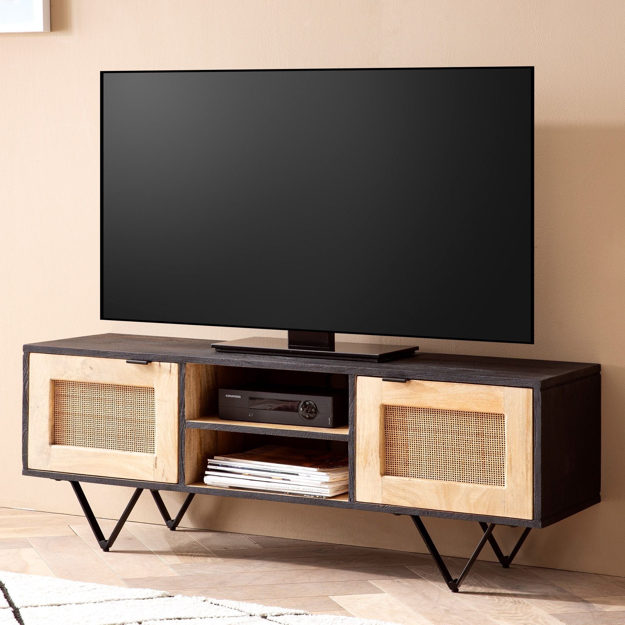 Moderne Tv-skab Med Masser Af Opbevaringsplads Massivt Træ Rattan 120x44x35 Cm Brun Og Sort