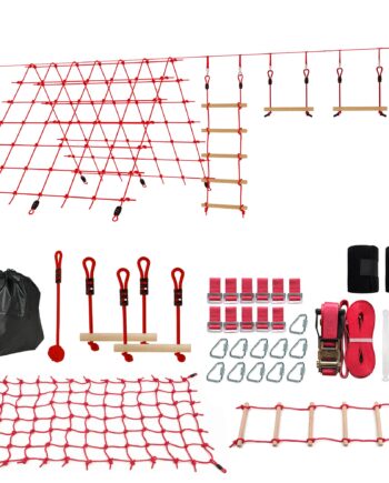 Ninja Line Kids 10m Slackline Sæt Med Gymnastikringe  Gynge  Klatrestige  Klatrenet Til  -  år  1000x300x180 Cm  Rød