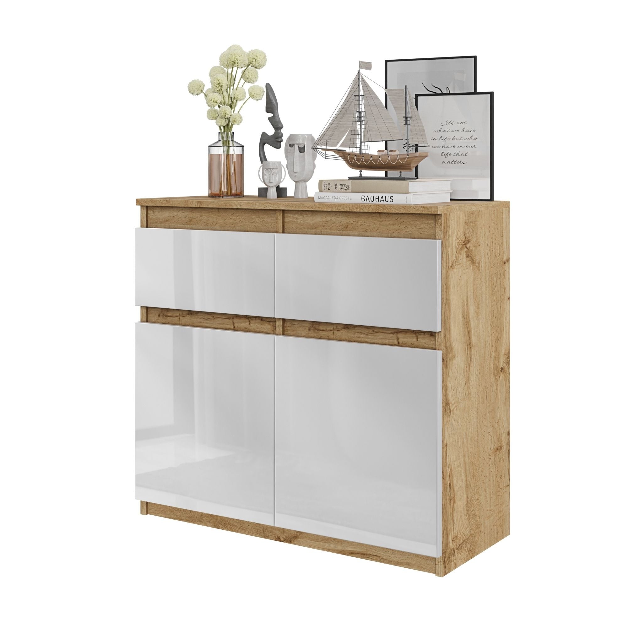 Noah Kommode Med Skuffer Naturfarvet Højglans Hvid H75cm B80cm D35cm