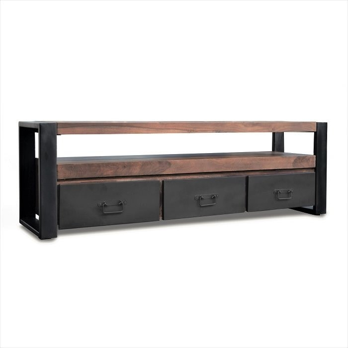 Obuzi Hayfay Tv-bord Med Skuffer 155x40x50 Cm Massivt Rosentræ Og Sort Jern